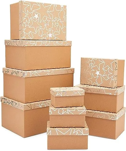 10 Pack Gold Star Nesting Boxes with Lids, 10 Assorted Sizes - Brown