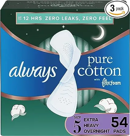 Always Pure Cotton, Feminine Pads For Women, Size 5 Extra Heavy Overnight Absorbency, Multipack, With Flexfoam, With Wings, Unscented, 18 Count x 3 Packs (54 Count total)Always Pure Cotton, Feminine Pads For Women, Size 5 Extr…