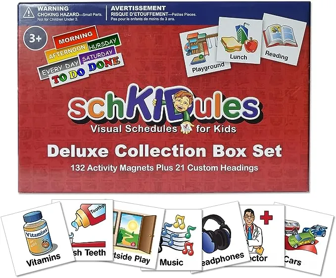 SchKIDules Visual Schedule for Kids 153 Pc Deluxe Magnet Collection Box Set: 132 Magnetic Activity Icons & 21 Headings for Home, School, Special Needs (for Children, Behavioral Supports, & Autism)