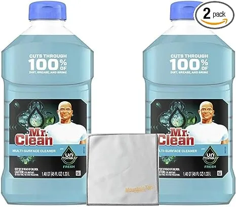 Mr. Clean with Unstopables Fresh Scent Multi-Surface Cleaner Liquid, 45 fl oz Pack of 2 with MountainTop Micro Fiber Cloth Bundle 