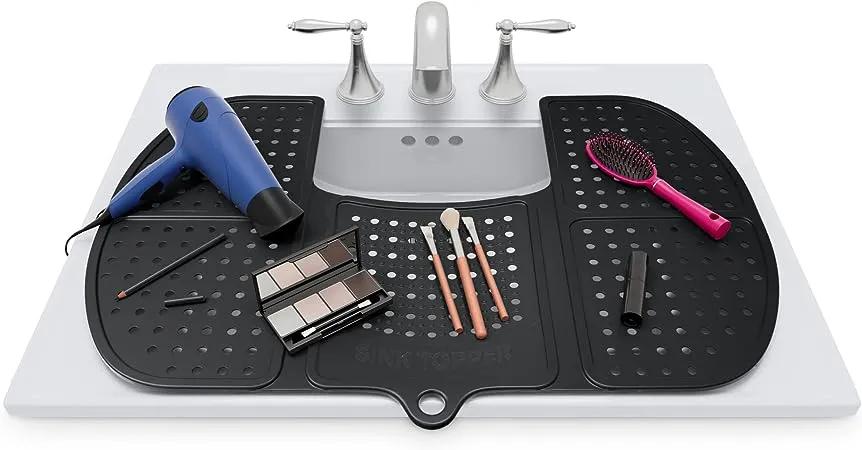 Sink Topper Foldable Sink Cover - Silicone Beauty Makeup Brush Cleaning Mat Hot Tools Organizer - for Extra Space & Storage Saver - Bathroom Must Have - Standard, Black