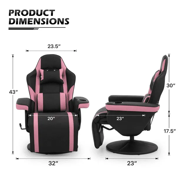 MoNiBloom Gaming Recliner Chair Ergonomic Adjusted Reclining Video Gaming Single Sofa with Lumbar Support and Retractable Footrest, PU Leather Theater Seating Gaming Couch with Cup Holder, Pink