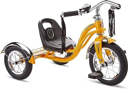 Schwinn Roadster Bike for Toddler, Kids Classic Tricycle, Low Positioned Steel Trike Frame with Bell and Handlebar Tassels, Rear Deck Made of Genuine Wood, for Boys and Girls Ages 2-4 Year Old, OrangeSchwinn Roadster Bike for Toddler, Kids Classic Tricyc