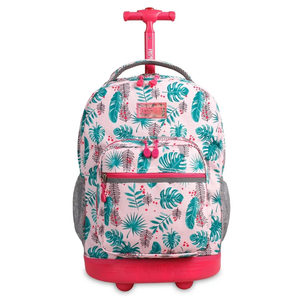 J World New York Sunrise Kids Rolling Backpack for Girls Boys Teen. Roller Bookbag with Wheels, Night Bloom, 18"