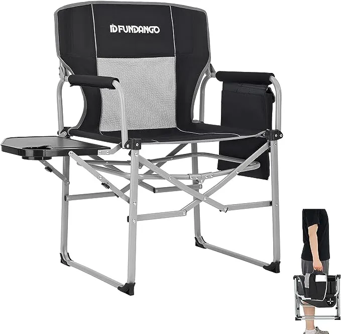 FUNDANGO Heavy Duty Outdoor Director Chairs Side Table, Tray, Foldable, Portable with Handle, Armrest, Mesh Backrest for Camp, Lawn, Picnic, Sports, RV, BBQ, Fishing, 19.7"D x 21.6"W x 17.3"H, GREY