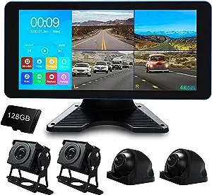 ASLONG 4K Backup Camera 4CH Dash Cam with 10.36" Quad Split Touch Screen & 4 AHD Front Rear Sides View Camera w/DVR Recording Music Video Playback Avoid Blind for RV Semi Trailer Truck Van