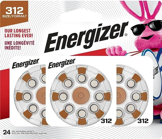 Energizer Hearing Aid Batteries Size 312, Brown Tab, 8 Pack, New Expires 2027