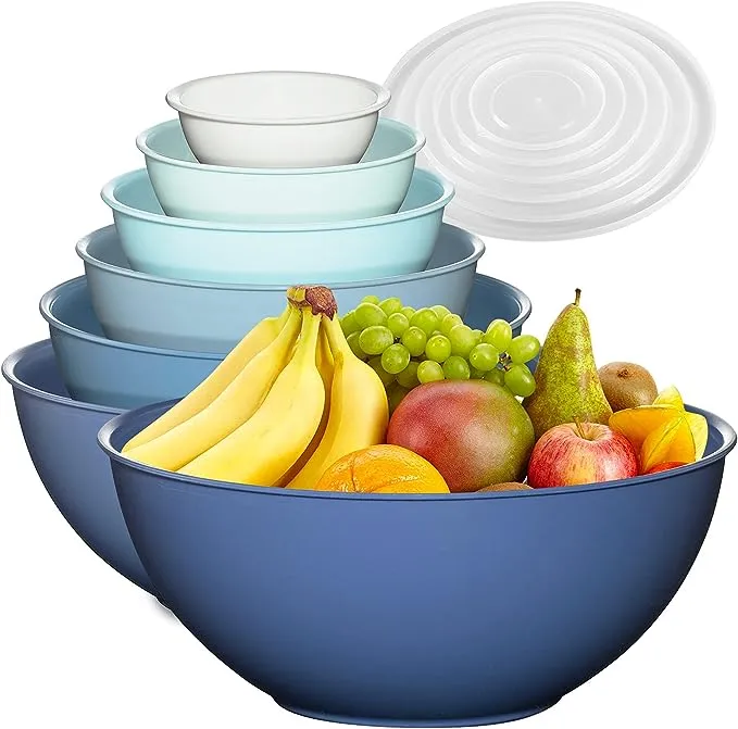 12 Piece Plastic Mixing Bowls Set, Colorful Nesting 6 Prep Bowls and 6 Lids - Color Food Storage for Leftovers, Fruit, Salads, Snacks, and Potluck Dishes - Microwave and Freezer Safe