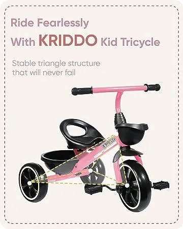 KRIDDO Kids Tricycles Age 24 Month to 4 Years, Toddler Kids Trike for 2.5 to 5 Year Old, Gift Toddler Tricycles for 2-4 Year Olds, Trikes for Toddlers, Pink