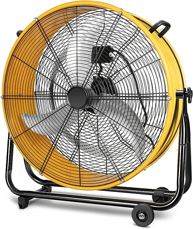 Heavy Duty Metal Industrial Drum Fan, 3 Speed Floor Fan for Warehouse, Workshop, Factory and Basement - High Velocity, Yellow