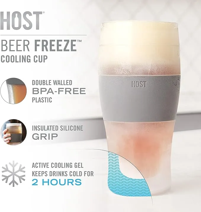 Host Freeze Beer Glass, Freezer Gel Chiller Double Wall Plastic Frozen Pint Glass, Set of One, 16 oz, Grey