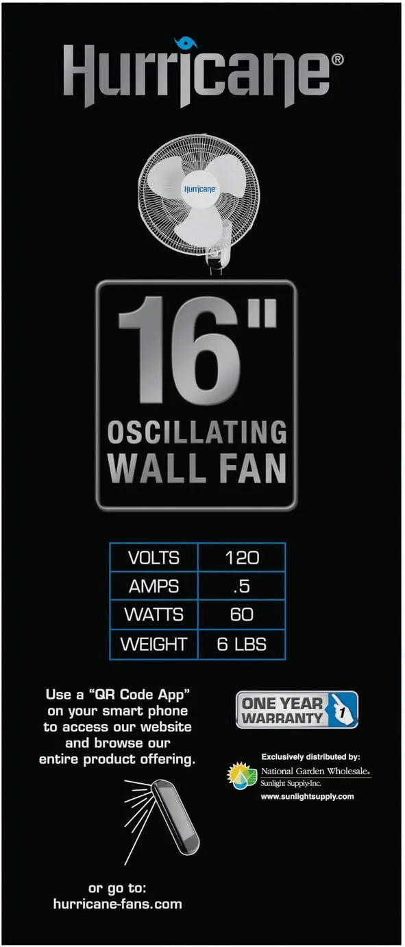 Hurricane Fans - Wall Mounted Oscillating Fan with 3 Speed Settings (Classic, 16")Hurricane Fans - Wall Mounted Oscillating Fan with 3 Speed…