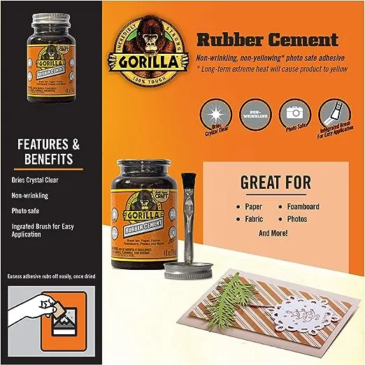 Gorilla Rubber Cement with Brush Applicator, 4 Fl oz, Clear, (Pack of 2)