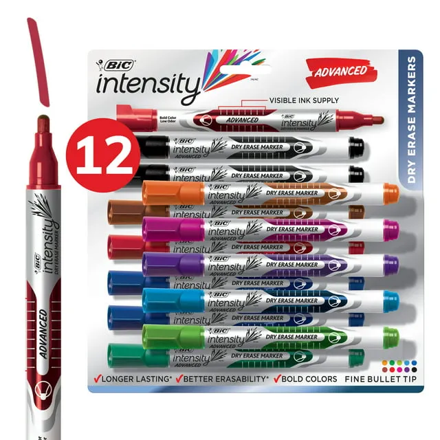 BIC Intensity Advanced Colorful Dry Erase Markers, Fine Bullet Tip, 12-Count Pack of Assorted Colors, Whiteboard Markers for Teachers and Office Supplies