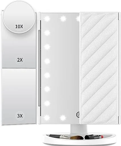 Vanity Mirror with Lights, Lighted Makeup Mirror with 2X 3X 10X Magnification, 21 LED Trifold Compact Touch Dimming Light Up Mirror, Dual Power Supply, Gifts for Women (White)