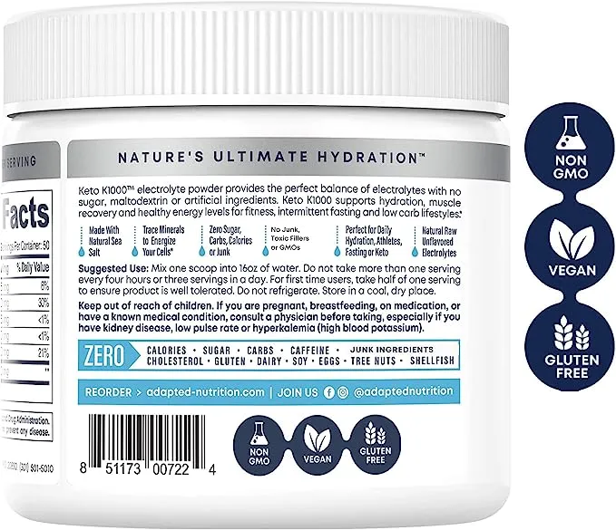 Keto K1000 Electrolyte Powder | Hydration Supplement Drink Mix | Raw Mineral Flavor, No Stevia | 50 Servings | Boost Energy & Beat Leg Cramps | No