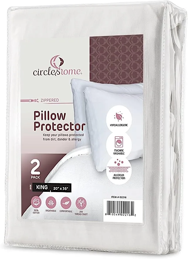 CirclesHome King Size Pillow Protector 100% Cotton - Zippered, Breathable & Quiet (2 Pack) White Pillow Covers Protects from Dirt, Debris (King - Set of 2 - 20x36)