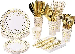 200Pcs Gold Party Supplies - Gold Paper Plates & Napkins Cups Silverware Serves 25 Sets for Wedding Bridal Shower Engagement Birthday Parties (Gold dot)