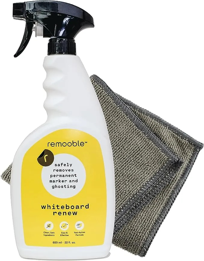 Remooble Dry Erase Whiteboard Cleaner Spray & Microfiber Cleaning Cloth - Safely Removes Tough Stains and Ghosting, 23 oz.