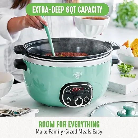 GreenLife Healthy Cook Duo 6 Quart Slow Cooker, Turquoise