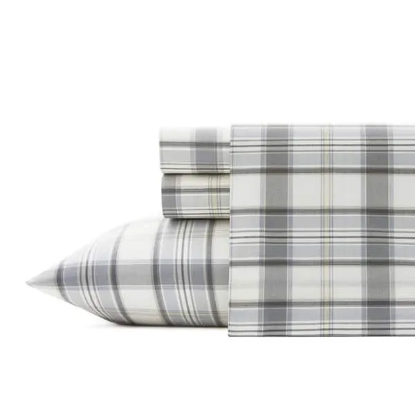 Chinook Plaid 4-Piece Beige 200-Thread Count Cotton Percale Queen Sheet Set