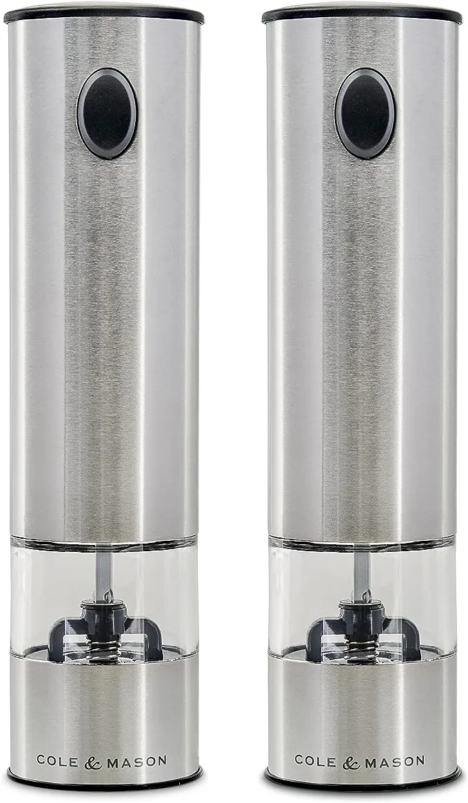 Cole & Mason H3004480 Battersea Salt and Pepper Mills | Electronic | Stainless Steel/Acrylic | 210mm | Gift Set | Includes 2 x Electric Salt and Pepper Grinders | Lifetime Mechanism GuaranteeCole & Mason H3004480 Battersea Salt and Pepper M…