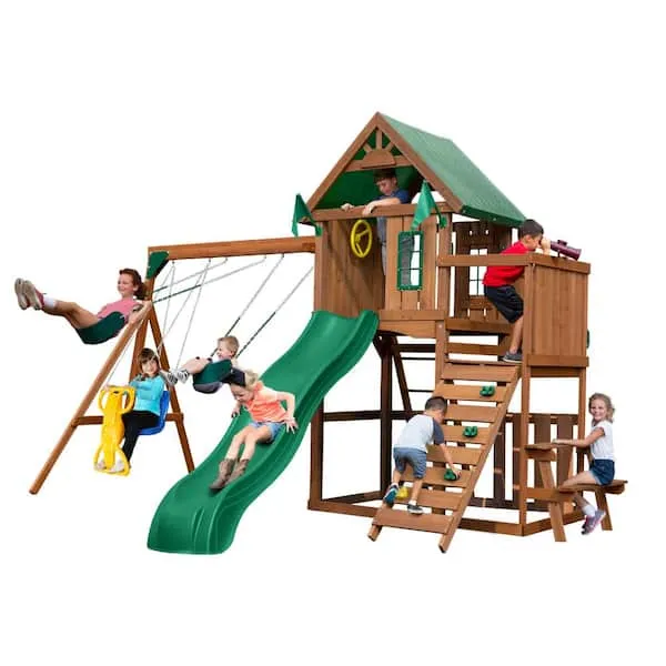 Swing-N-Slide PB 9241-1 Knightsbridge Wooden Swing Set with Slide, Swings, Glider, Climbing Wall, Green Slide