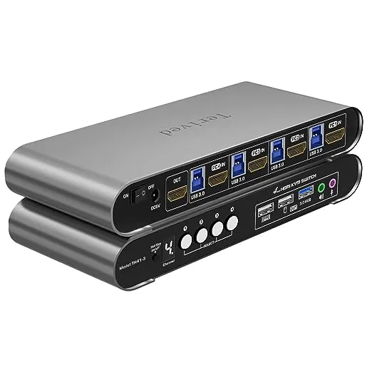 4 Computers 1 HDMI Monitor Automatic KVM Switch 4K@60Hz, Hotkey Switching, EDID, with Audio and Microphone, Aluminum Shell with Digital Display, USB 3.0 Hub, HDR10 with Cables