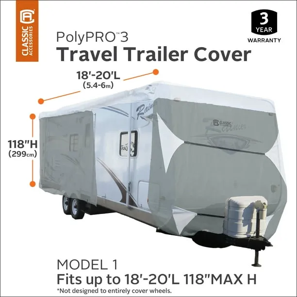 Classic Accessories OverDrive PolyPRO 3 Deluxe Travel Trailer Cover or Toy Hauler Cover, Fits 18' - 20' RVs - Max Weather Protection with 3-Ply Poly Fabric Roof Travel Trailer Cover