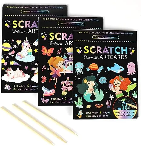 OPUHOHR 3 Set Magic Scratch Paper Art, Colorful Magic Drawing Art Book with 3 Scratch Pen for Birthday Halloween Christmas Party Games Projects Kits