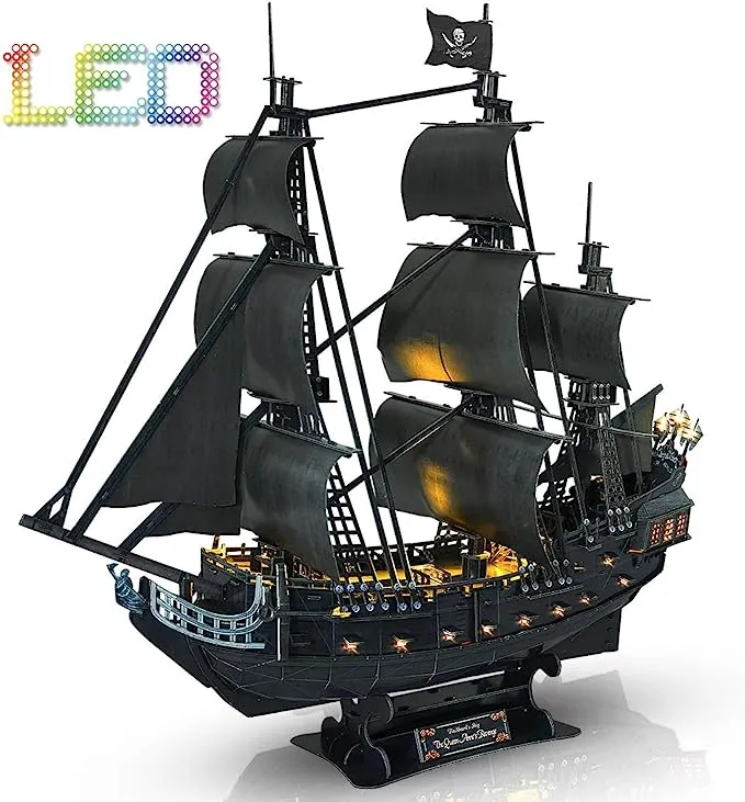 CubicFun 3D Puzzles for Adults - Led Pirate Ship Queen Anne's Revenge - Large 27'' Sailboat Puzzles - Desk Decor/House Warming/New Home/Christmas/Anniversary/Teacher Appreciation Gifts