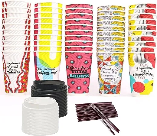 Dessie 50 Disposable Coffee Cups With Lids 16 oz, 5 Unique Designs, Ripple Wall & PE Coating. Motivational Hot Cups With Lids 16 oz, Heat Resistant, Leakproof & Sturdy. Paper Coffee Cups With Lids.