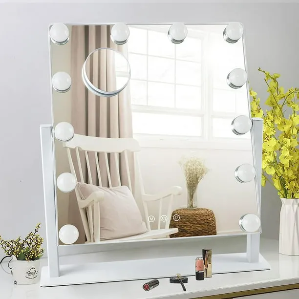 Depuley 18 x 17 In Vanity Mirror Lighted Makeup Mirror, Personal Makeup Mirrors with 12pc Dimmable LED Bulbs, Cosmetic Mirrors for 3 Color Lighting, 10X Magnification Mirror, 360° Swivel, Touch Control, 47 x 44 cm