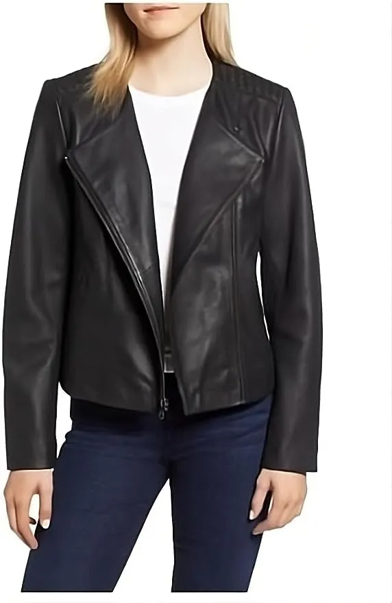 Cole Haan Women's Fully Lined Wing Collar Leather Coat