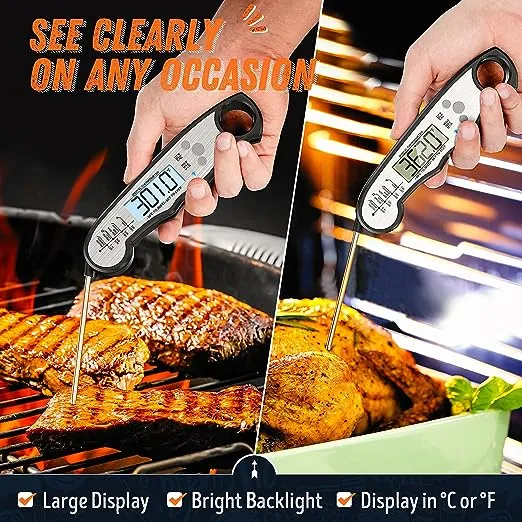 Digital Meat Thermometer, Waterproof Instant Read Food Thermometer for Cooking and Grilling, Kitchen Gadgets, Accessories with Backlight & Calibration for Candy, BBQ Grill, Liquids, Beef, Turkey…