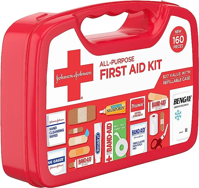 Johnson & Johnson All-Purpose Portable Compact First Aid Kit for Minor Cuts, Scrapes, Sprains & Burns, Ideal for Home, Car, Travel, Camping and Outdoor Emergencies, 160 pieces