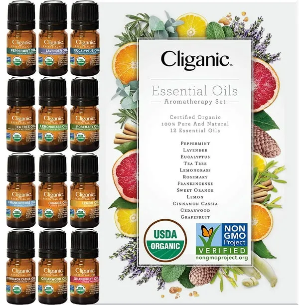 Cliganic USDA Organic Aromatherapy TOP 12 Essential Oils Set, 100% Pure - Peppermint, Lavender, Eucalyptus, Tea Tree, Lemongrass, Rosemary, Frankincense, Orange, Lemon, Cassia, Cedarwood & Grapefruit