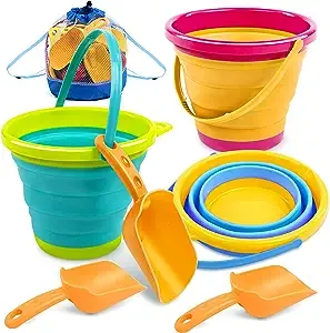 JOYIN Paquete de 3 cubos plegables con palas y bolsa de malla, cubos plegables multiusos para playa, equipo de campamento, fiesta en la playa, pesca y actividades divertidas de verano (amarillo/azul/verde)