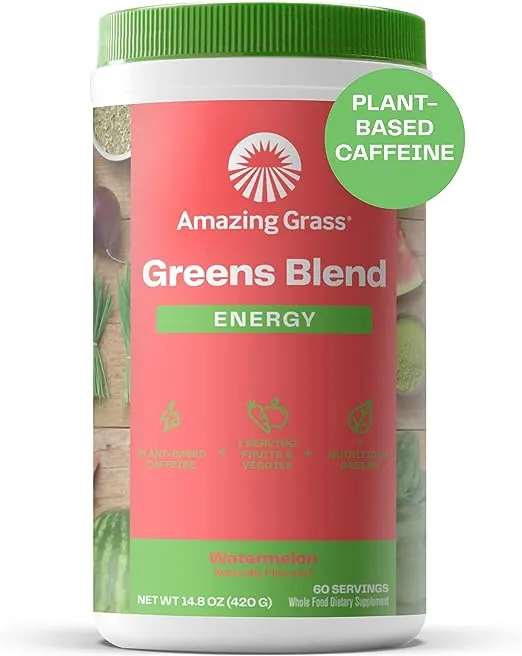 Amazing Grass Green Superfood Energy: Super Greens Powder & Plant Based Smoothie Mix, Caffeine with Matcha Green Tea & Beet Root Powder, Watermelon, 60 Servings