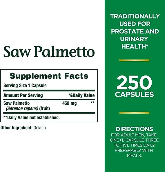 Nature's Bounty Saw Palmetto Support for Prostate and Urinary Health, Herbal Health Supplement, 450mg, 250 Capsules