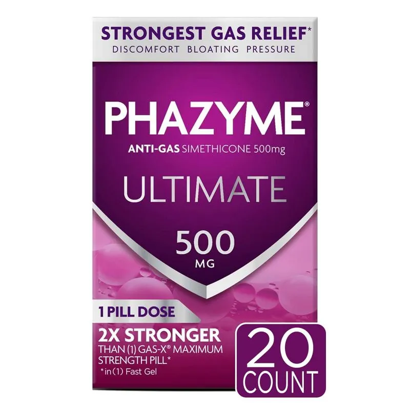 Phazyme Ultimate Gas Bloating Relief Works in Minutes 500 mg Simethicone Fast Gels 20 Count (Pack of 1)