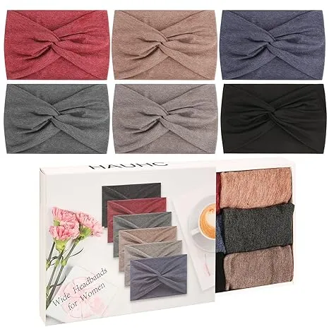 Extra Wide Headbands for Women, 7'' Large Cotton Like Turban Knotted Bandana Head Bands for Women Non Slip, Boho Headbands for Women's Hair (6Pcs Dark Colors, Extra Large 7" Wide)