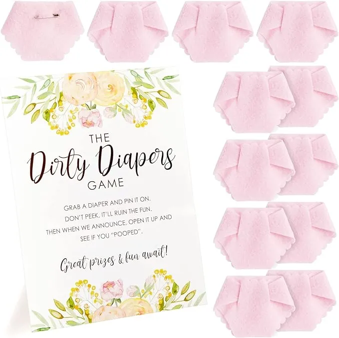 Dirty Diaper Baby Shower Game for Girl with 12 Mini Pink Diapers, 8.5 x 11 Inch Instruction Card Sign