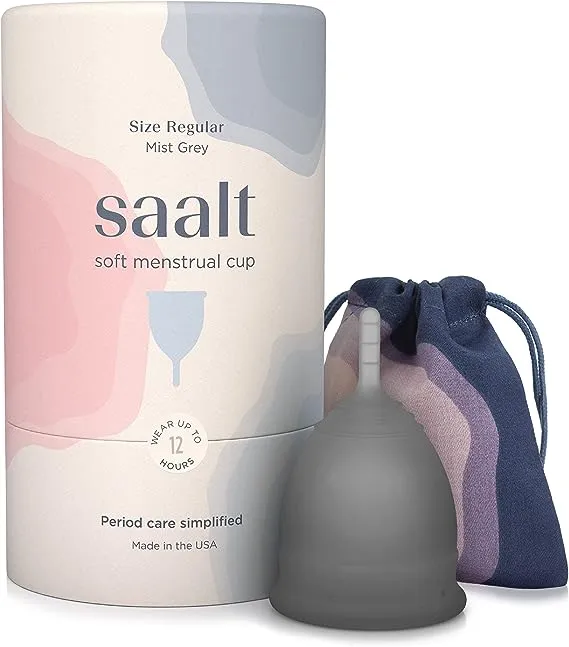 Saalt Soft Menstrual Cup - Super Soft and Flexible - Best Sensitive Cup - Wear for 12 Hours - Tampon and Pad Alternative (Grey, Regular)Saalt Soft Menstrual Cup - Super Soft and Flexible - Bes…