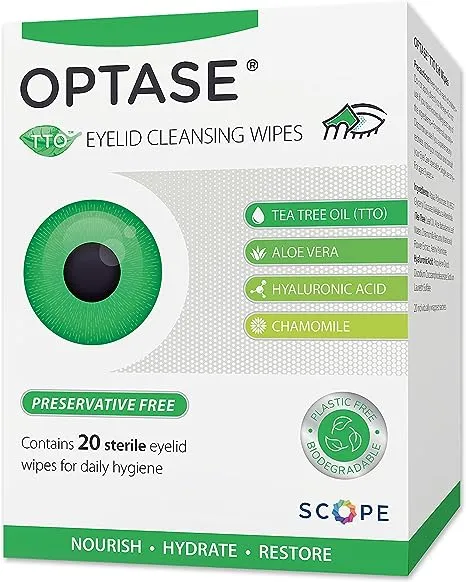 OPTASE Tea Tree Oil Eyelid Wipes - Cleansing Wipes for Dry Eyes - for Blepharitis Treatment - Preservative Free, Natural Ingredients - Step 2 Cleanse - TTO Eye Wipes, Box of 20