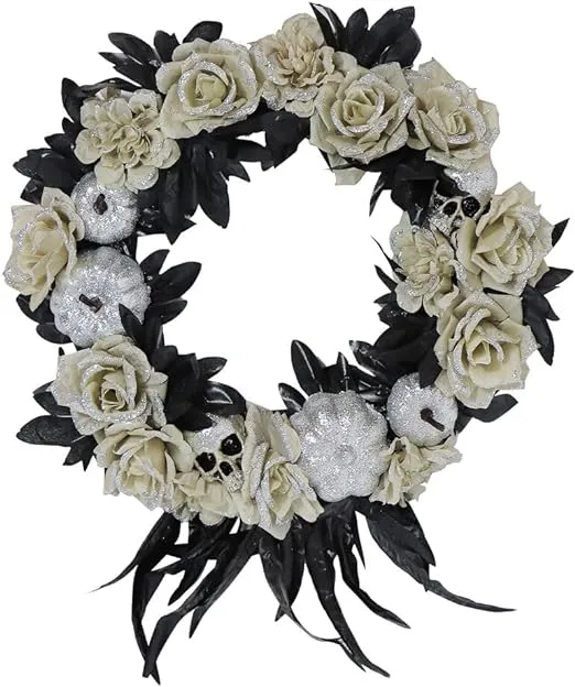 Haunted Hill Farm 22 in. Hanging Faux Floral Wreath with Black, Pink, Purple Flowers and Creepy Skull Accents, Indoor/Covered Outdoor Halloween Props Decoration