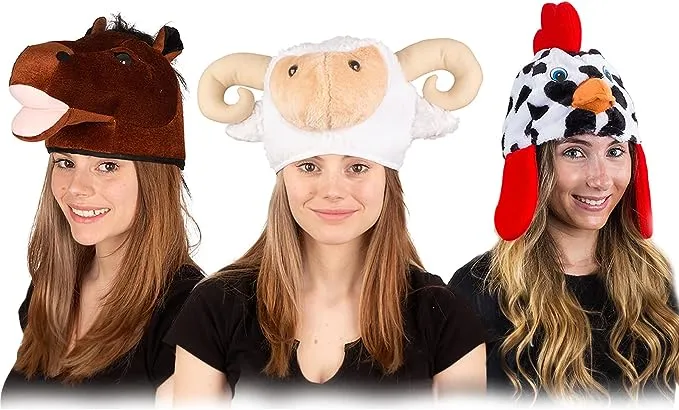 Tigerdoe Farm Animal Hats Set- Animal Costume Hat- Farm Dress Up- Plush Rooster, Horse, Sheep- 3 Pc Set