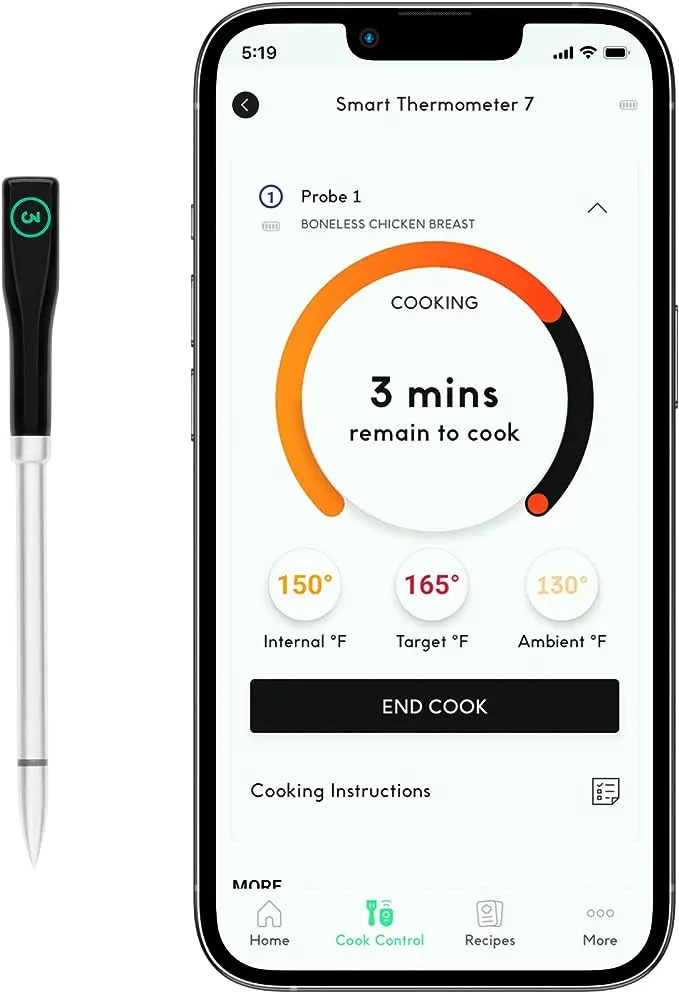 Chef IQ Smart Thermometer Extra Probe No. 3, Bluetooth/Wifi Enabled, Must Be used with Smart Hub