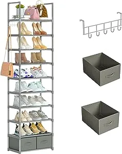 OYREL Narrow Shoe Rack, Save Space Slim Shoe Rack for Closet, Entryway, Sturdy Shoe Shelf Shoe Tower, Size: 10 Tier, Gray