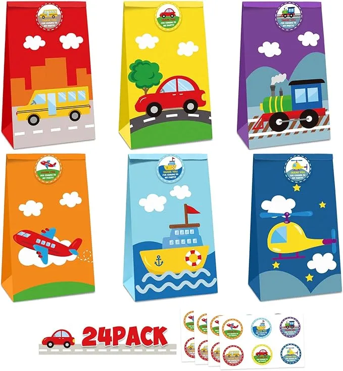 24 Packs Transportation Goodie Candy Treat Bags Transportation Party Favors Gift Bags with Thank You Stickers for Kids Car Bus Train Plane Ship Birthday Party Decorations Baby Shower Supplies